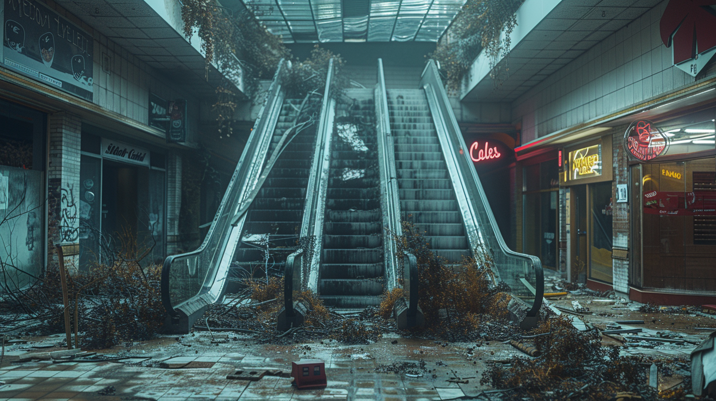 Shopping mall decaying, broken glass, empty storefronts, escalators frozen.