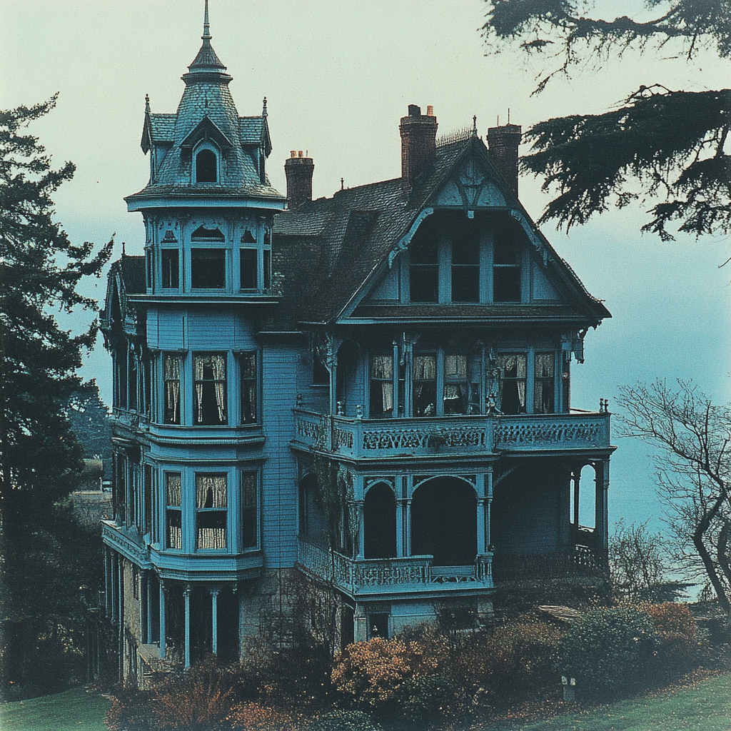 Shorecliff Manor with blue-grey Victorian exterior by the sea.