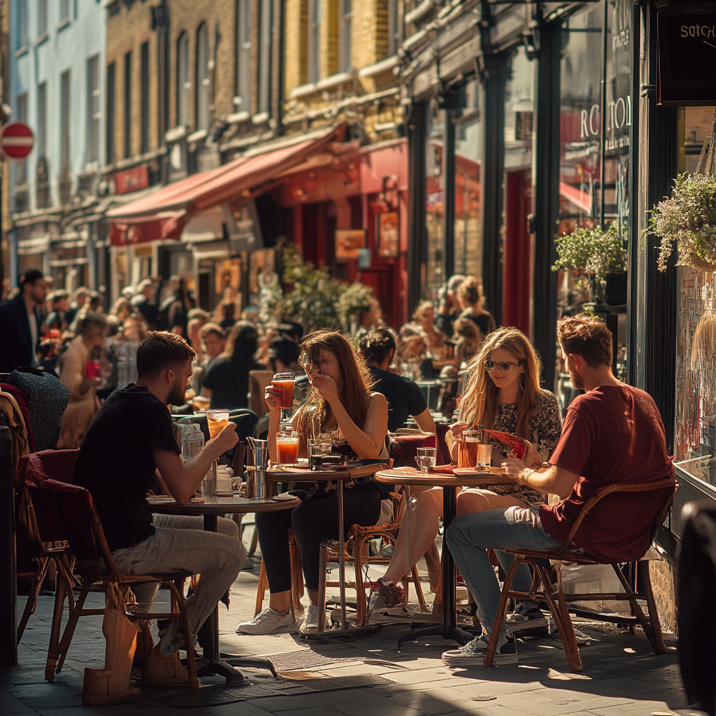 Shoreditch Summer Cafe Scene: People Chatting, Drinking Coffee