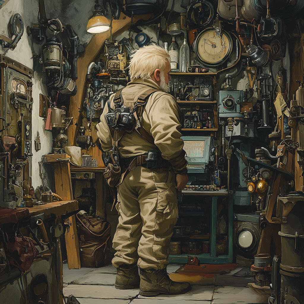 Short adult gnome in workshop with many gadgets.