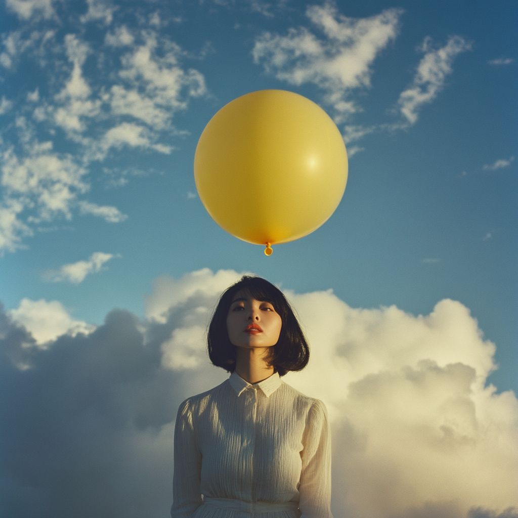 Short black hair Asian woman holding yellow balloon clouds.