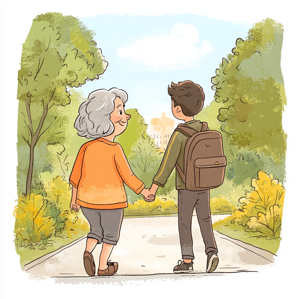 Short grandma and tall grandson holding hands in park.