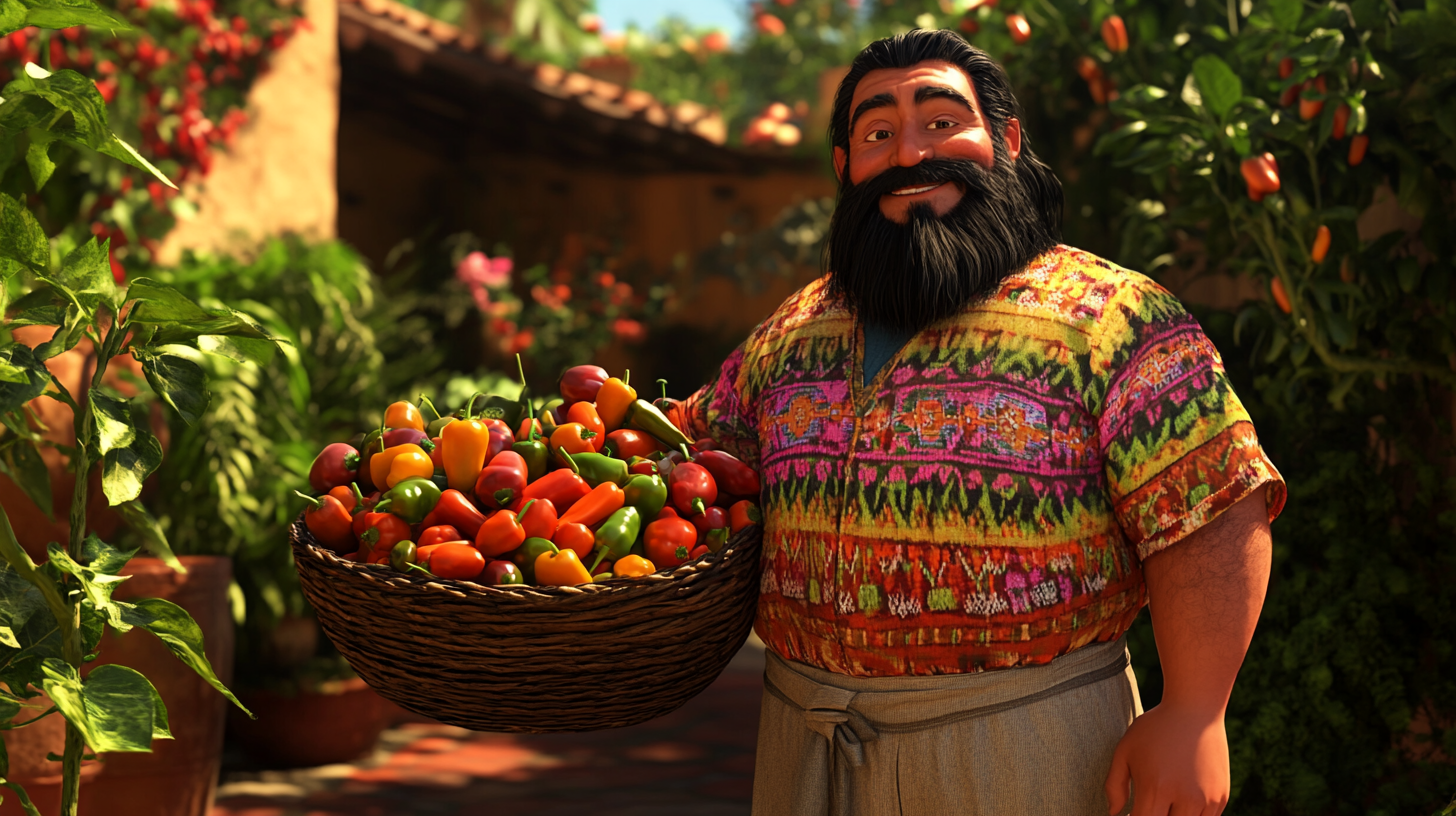 Short man in Mexican attire with peppers in garden.