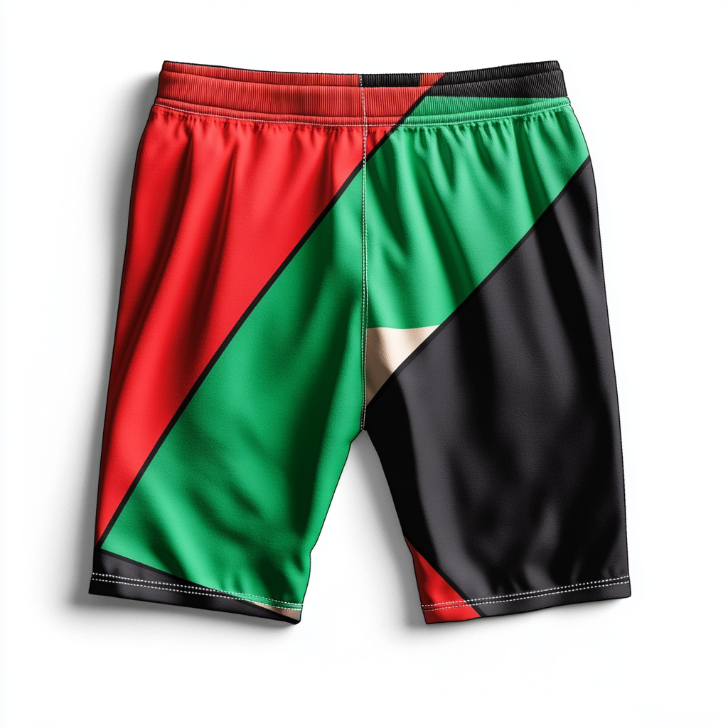 Shorts with flag design: red, green, black triangle.