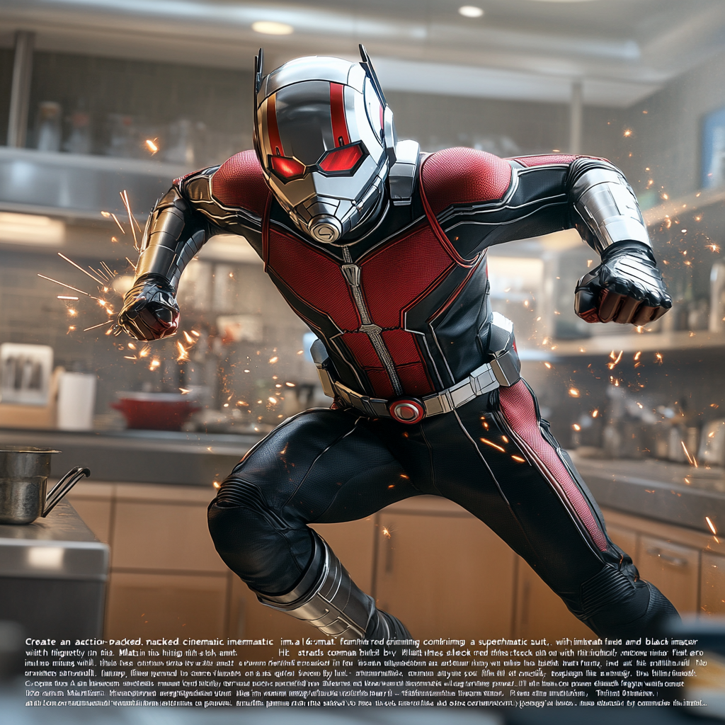 Shrunken superhero Ant-Man runs on giant kitchen table.