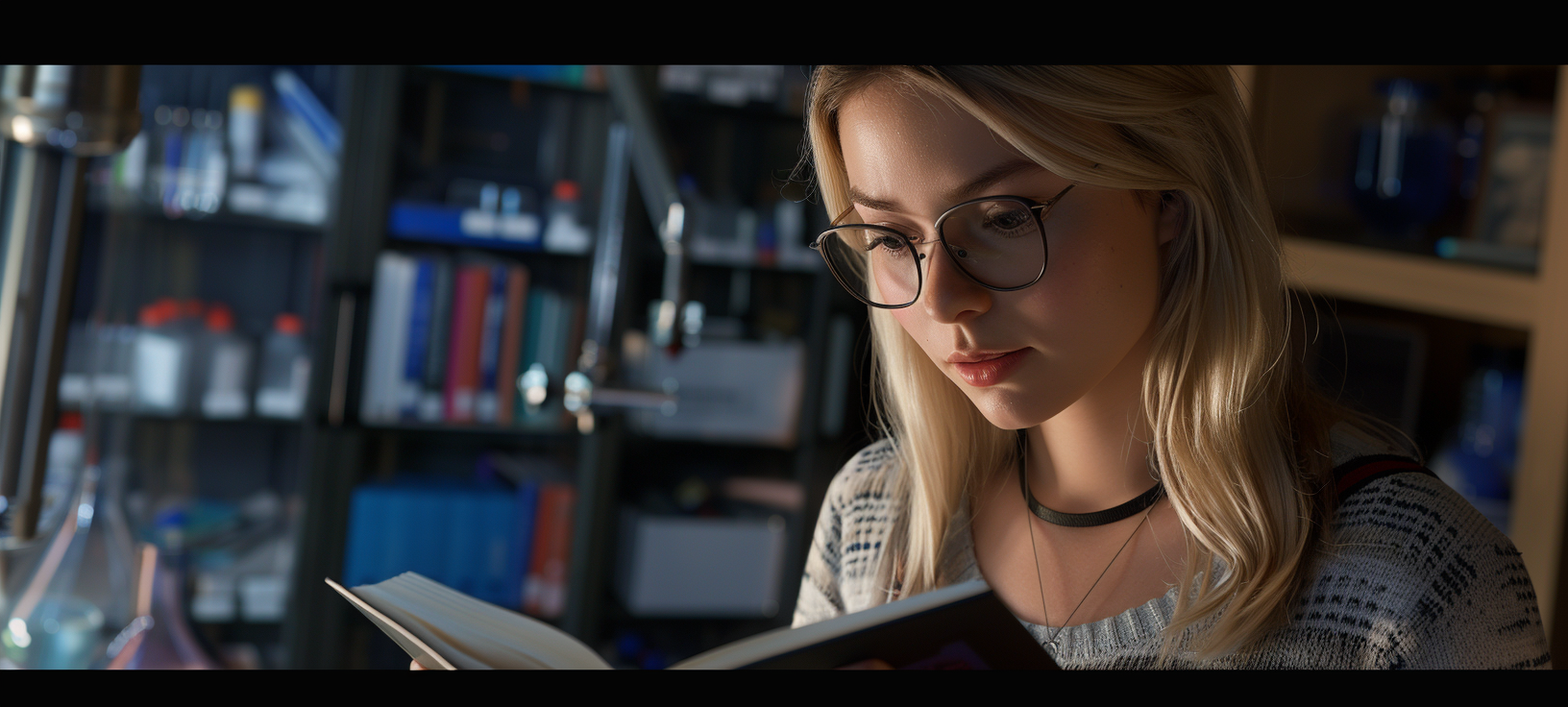 Shy Miranda Cosgrove reading books in research lab.