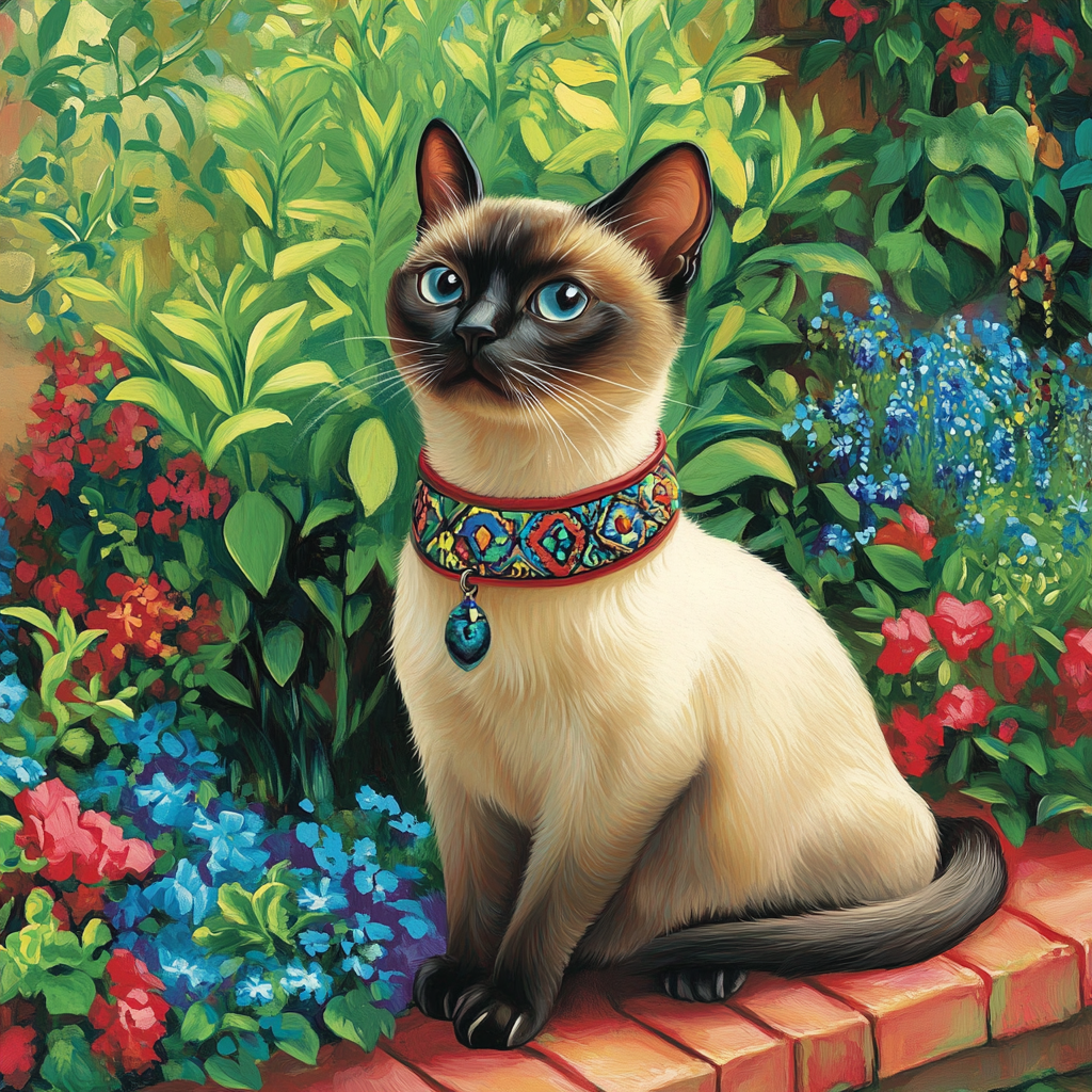 Siamese Cat With Moroccan Collar in Lush Garden