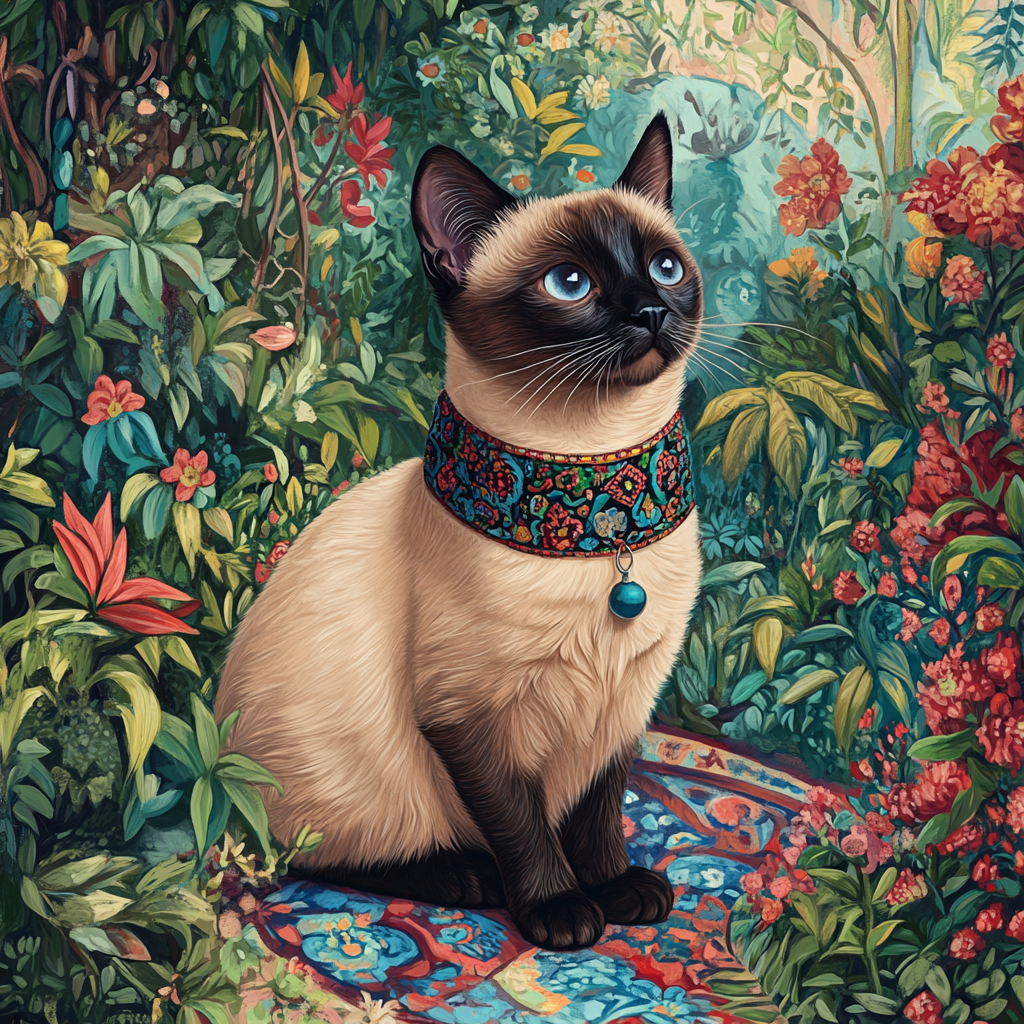 Siamese cat in Moroccan collar at garden retreat.