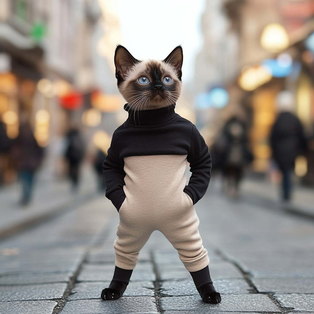 Siamese kitten in chic outfit on city street.