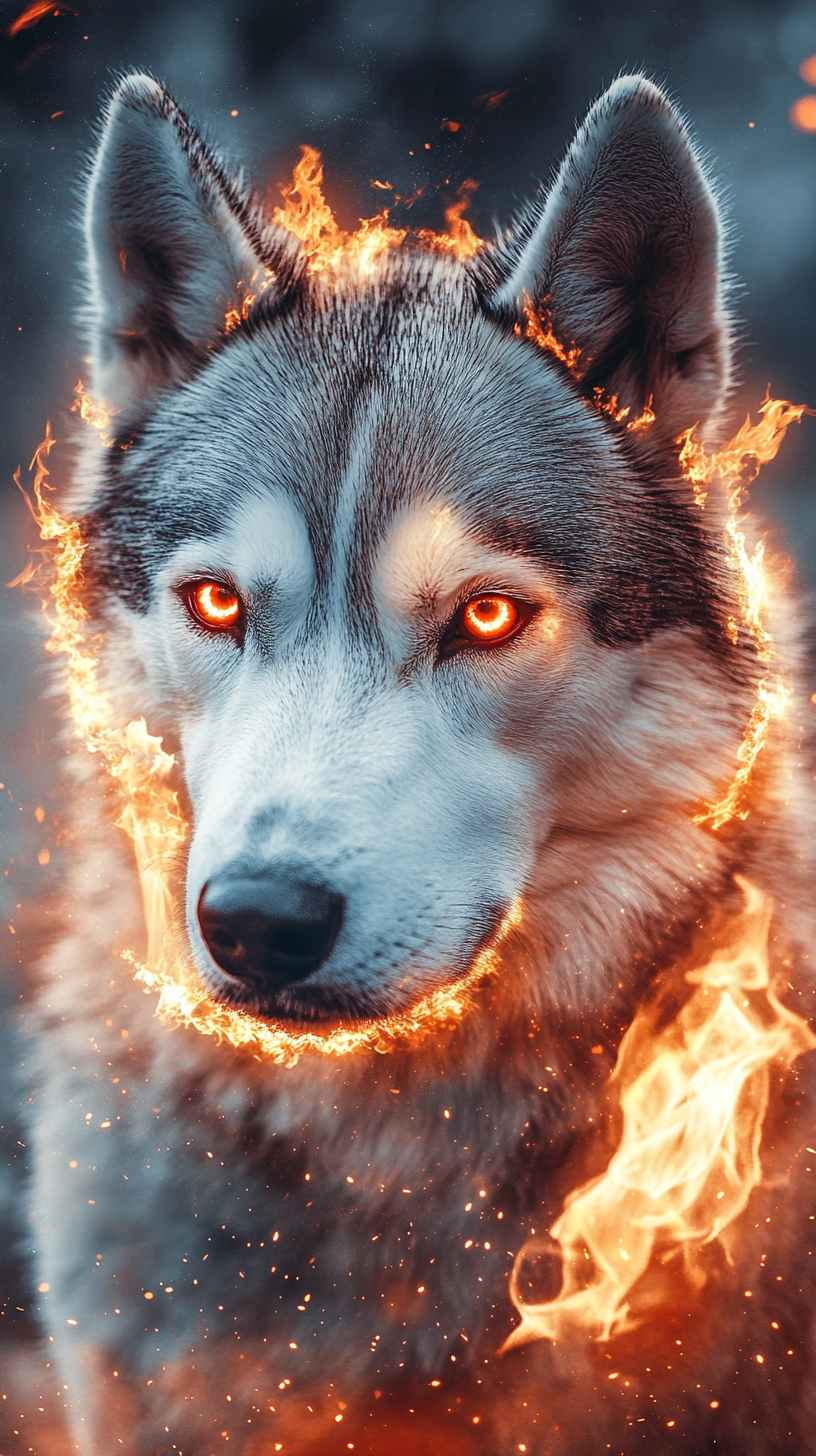 Siberian Husky with fire powers, silver white fur, fiery eyes.