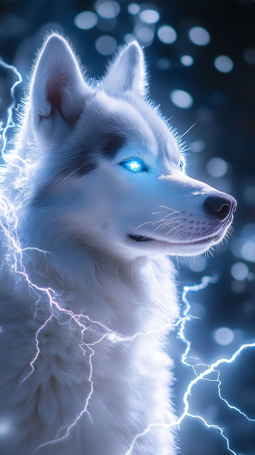 Siberian Husky with lightning powers, silver-white fur, blue eyes.