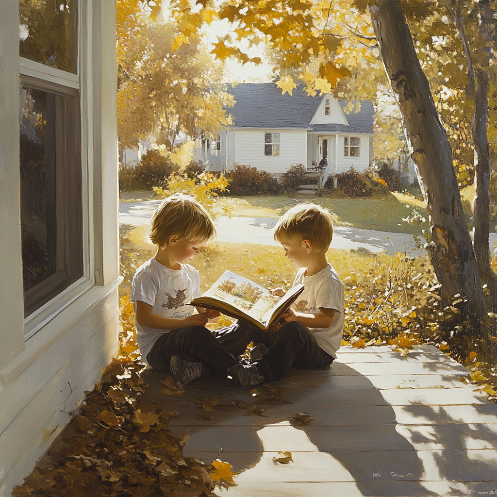 Siblings Reading Together on Front Porch