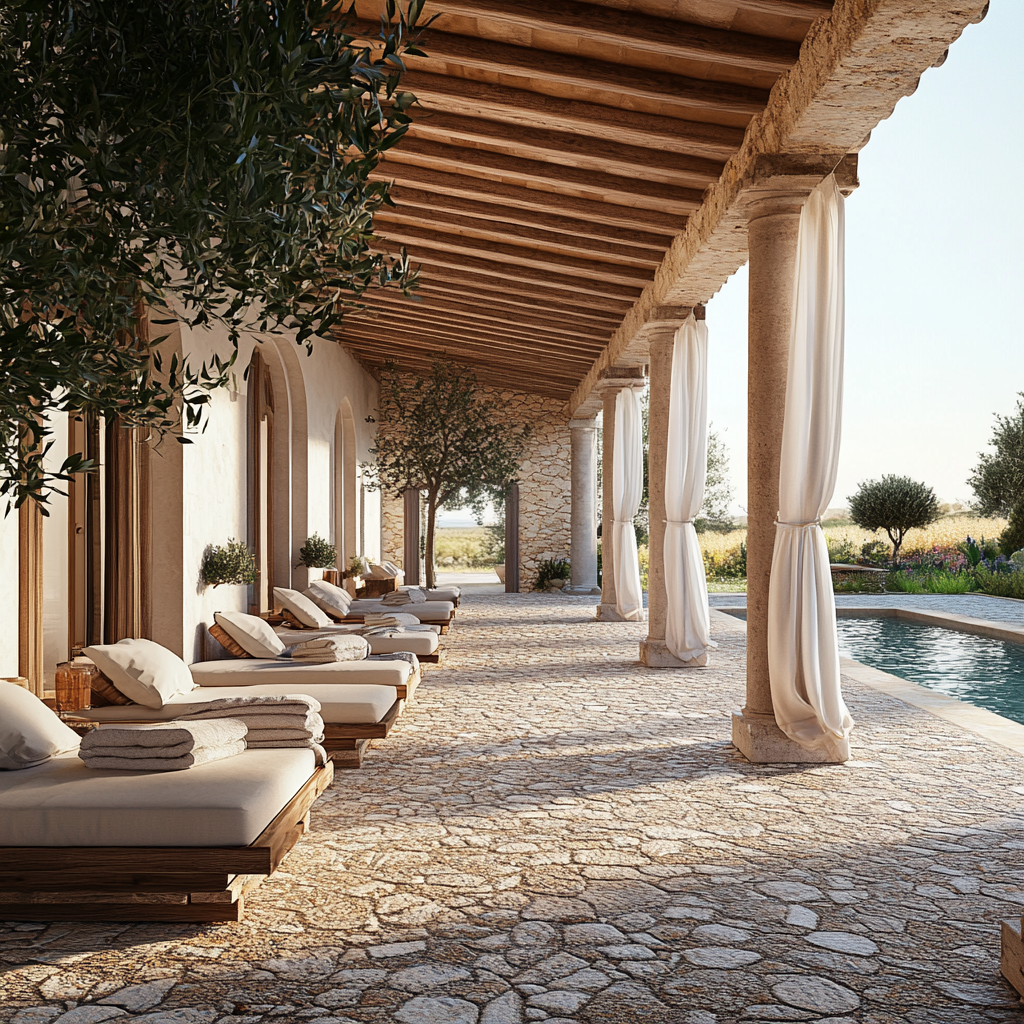 Sicilian masseria patio with swimming pool, olive trees, porch.