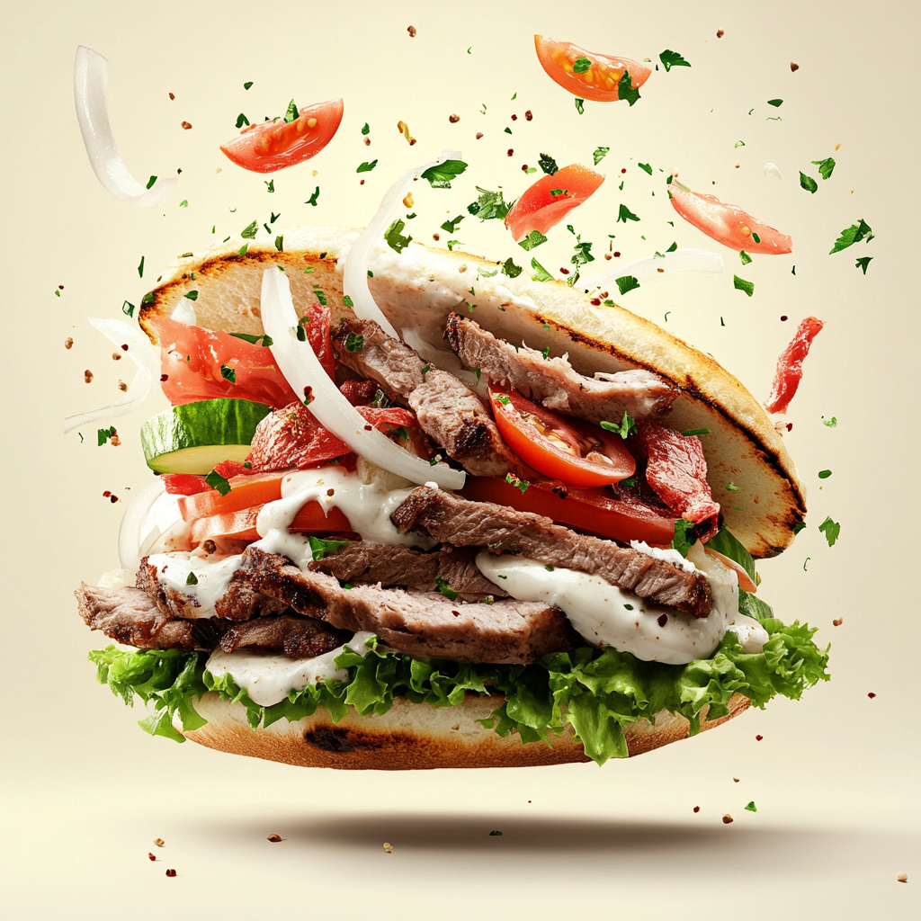 Side view doner kebab sandwich with flying ingredients art.