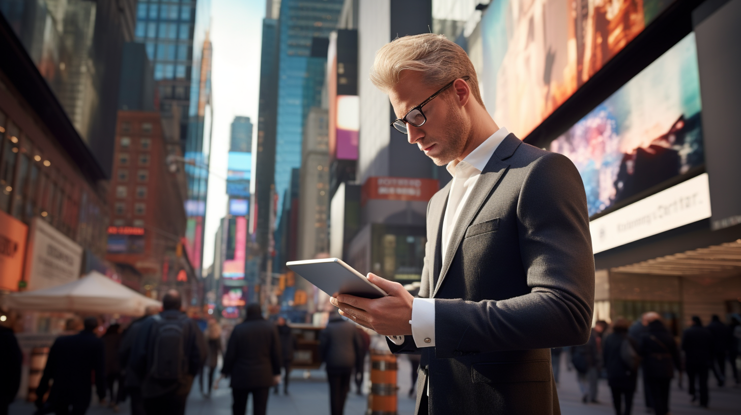 Suited man walking on busy street holding a digital tablet