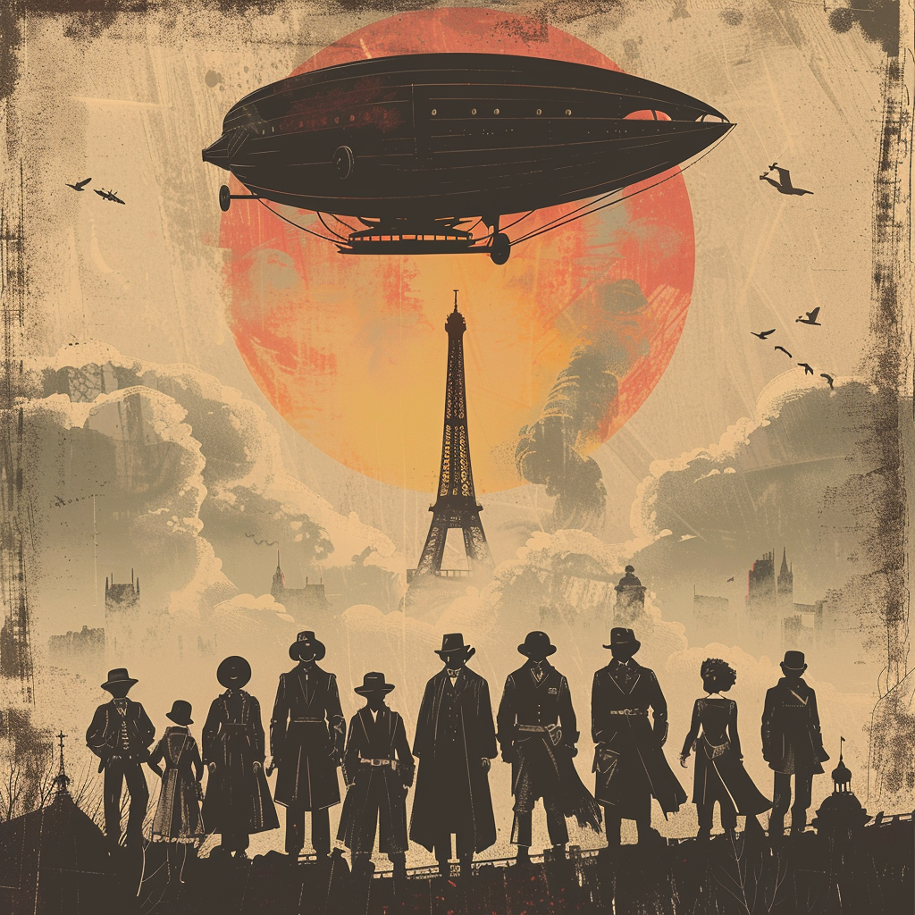 Silhouette Airship Over 1899 Paris in Cinematic Poster  