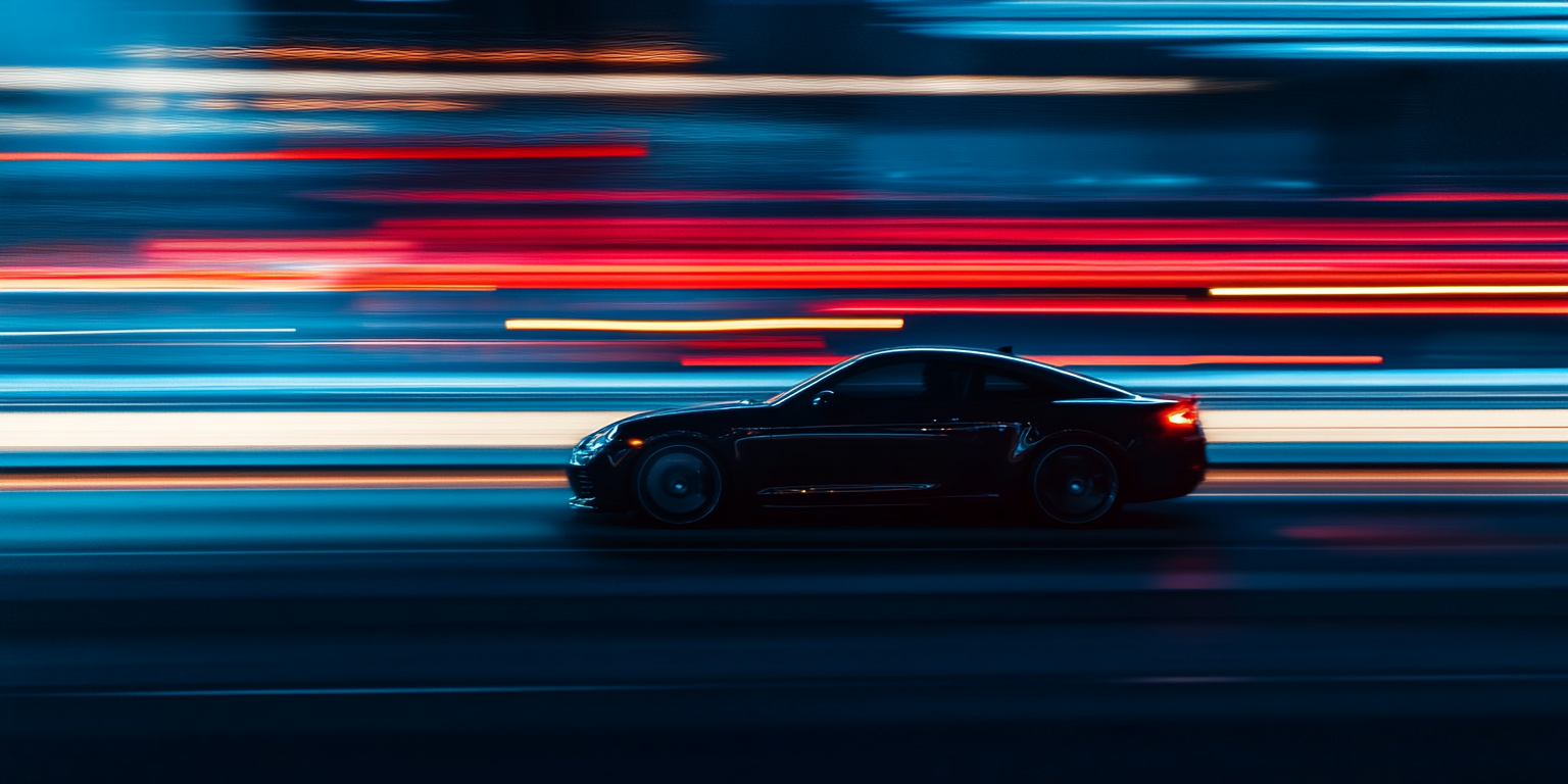 Silhouette car and human at eye level on road.