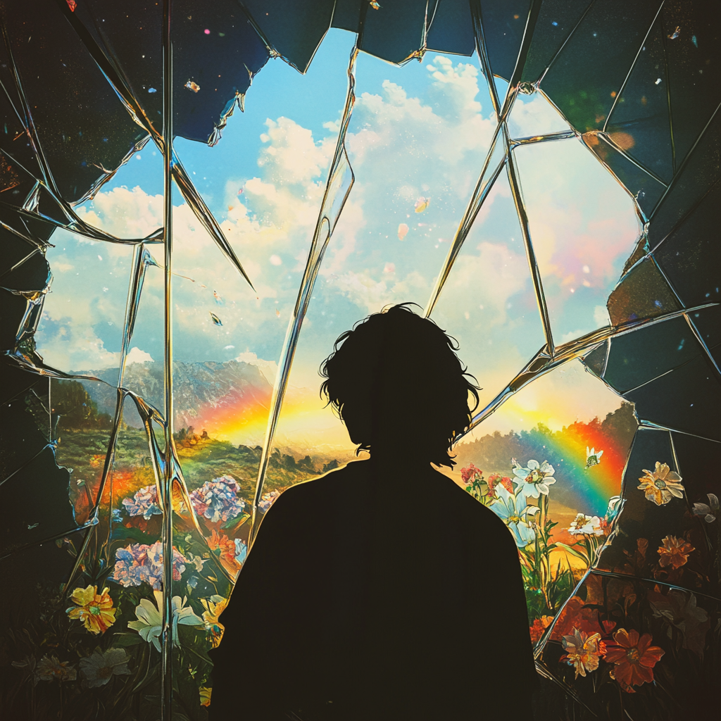 Silhouette looking at broken glass with flowers and rainbow landscape 