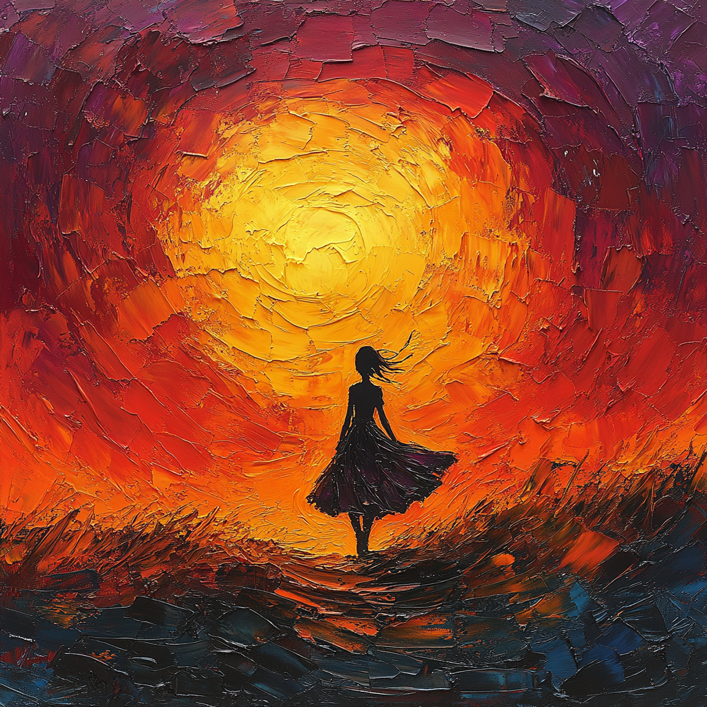 Silhouette of girl against vibrant sunset with thick brushstrokes.