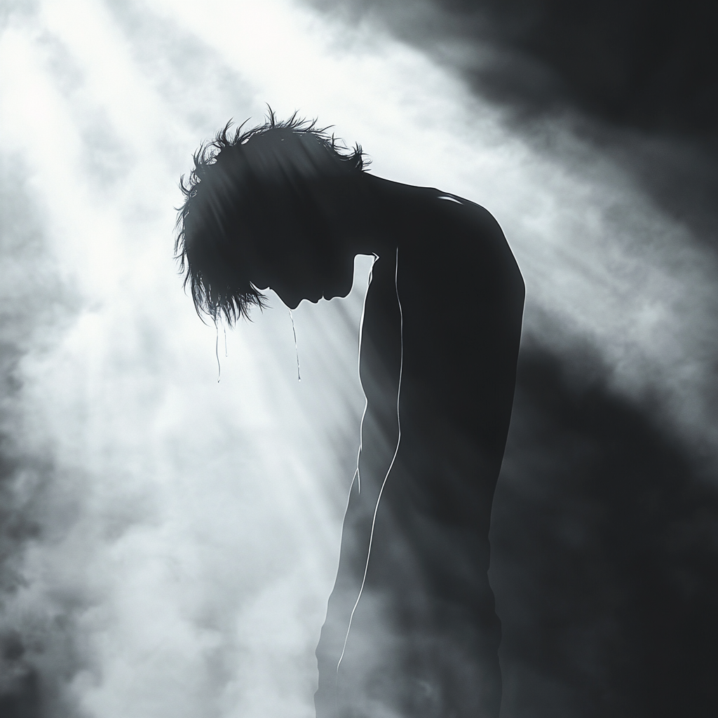 Silhouette of man in spotlight, tears streaming down eyes.