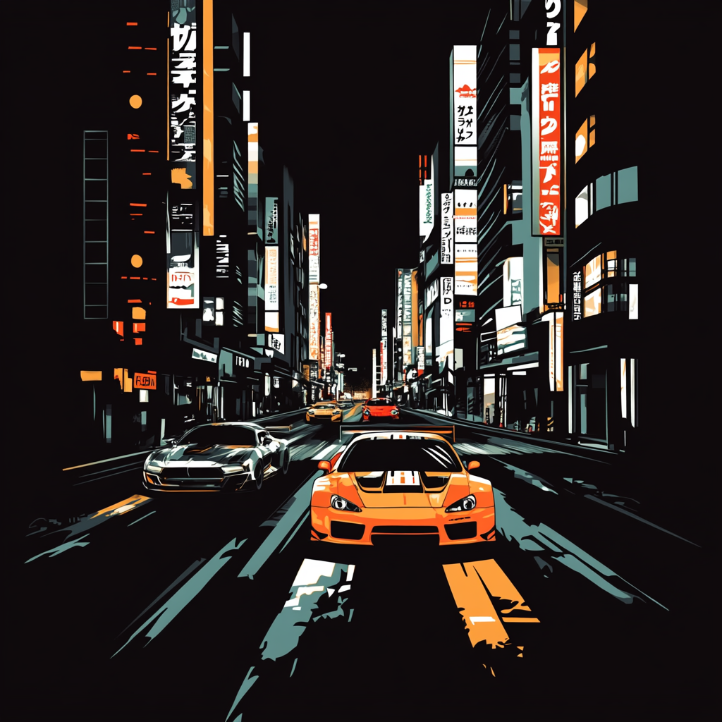 Silhouette of racing cars in Japan city street