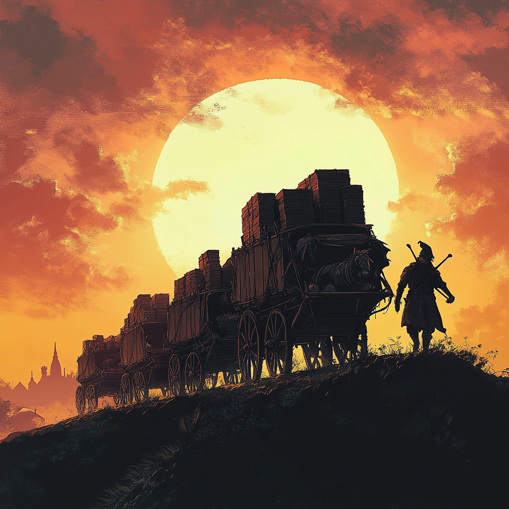 Silhouette of seven wagons, ogre with gnome, sunset.