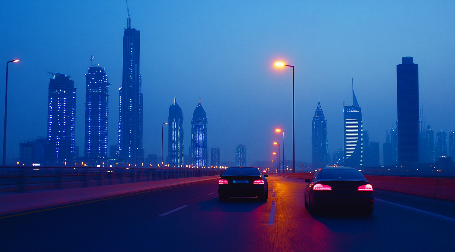 Silhouette of urban car on Sheikh Zayed Road Dubai.