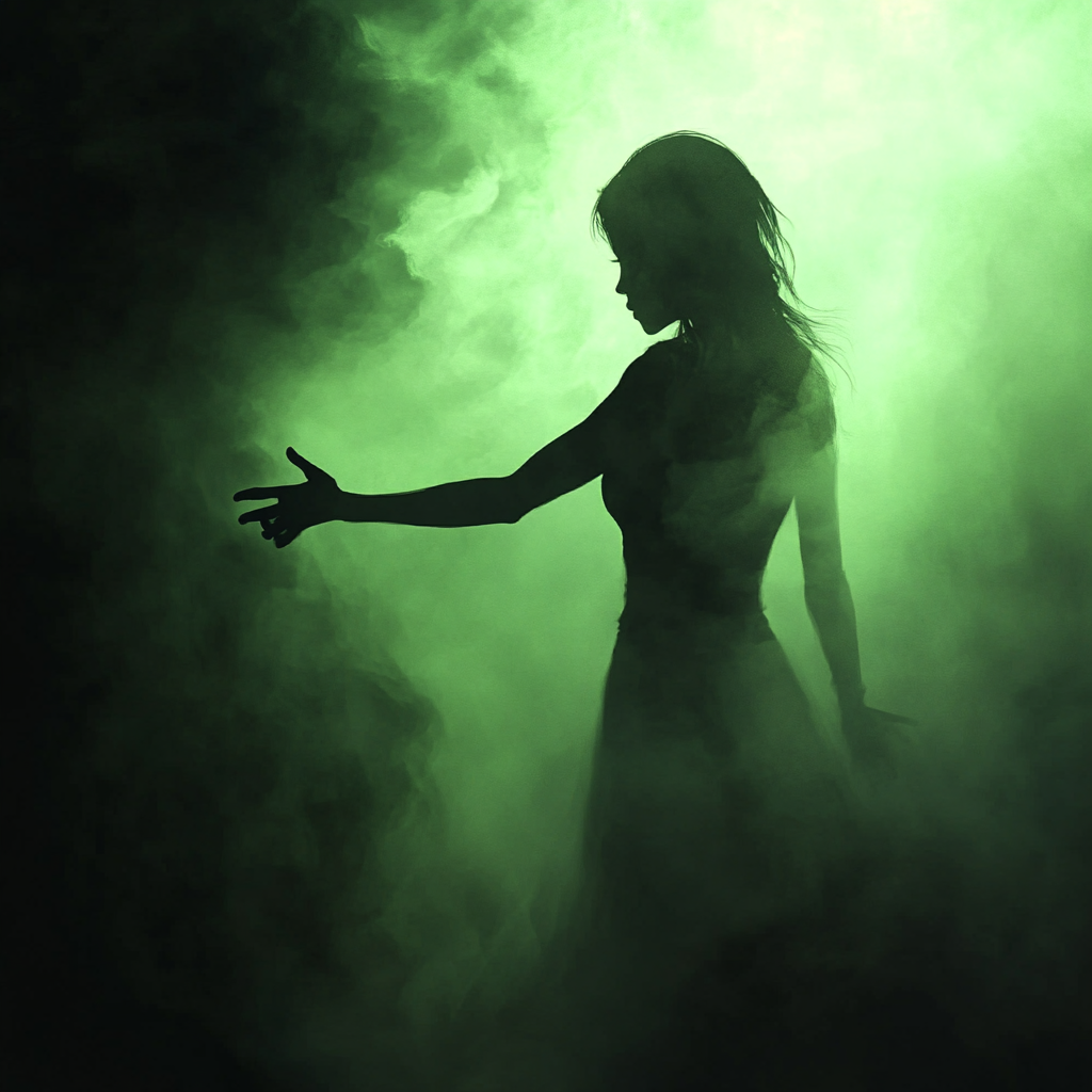 Silhouette of woman in spotlight reaching for loved one, green foggy background.