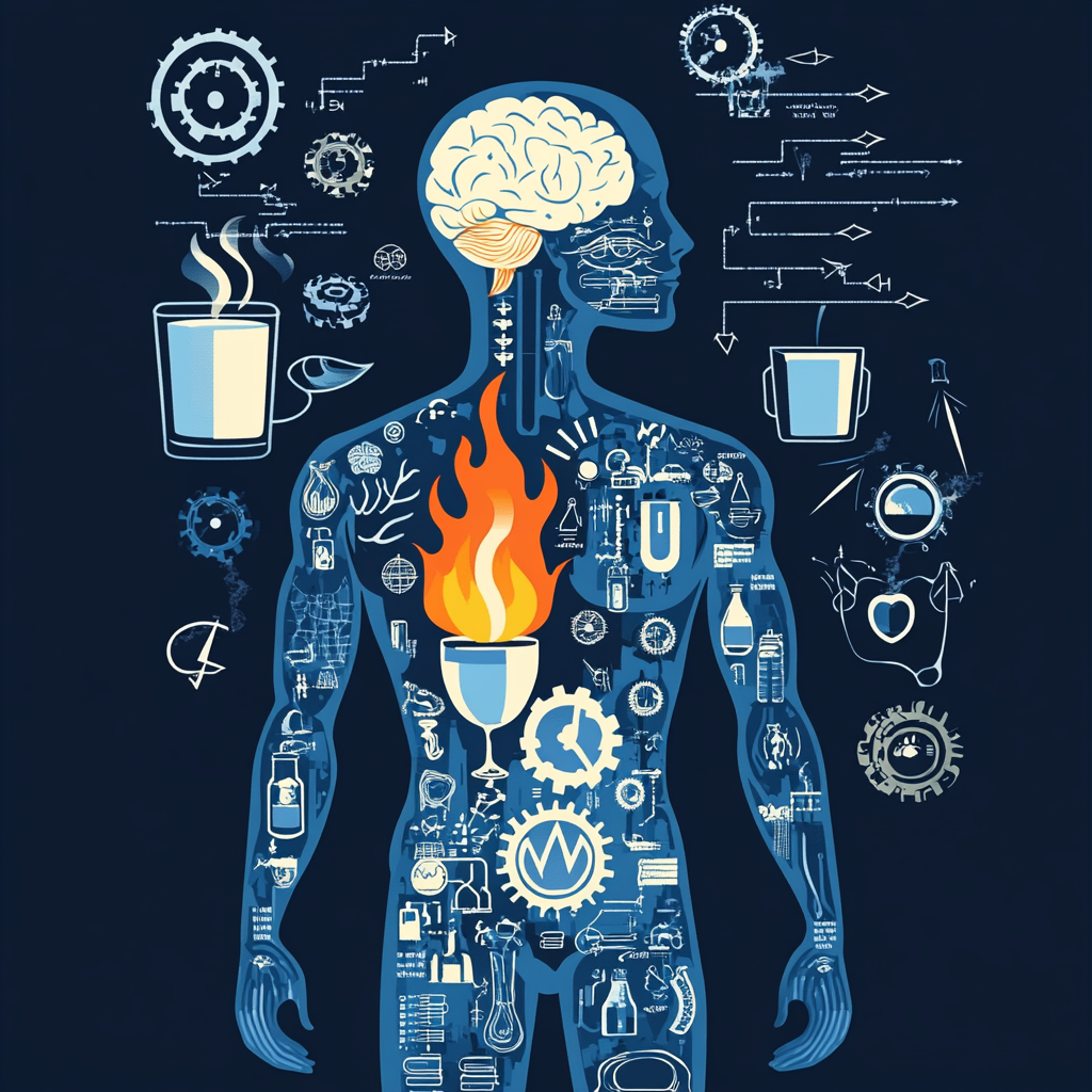 Silhouette with gears, flames, arrows: hydration boosts metabolism.