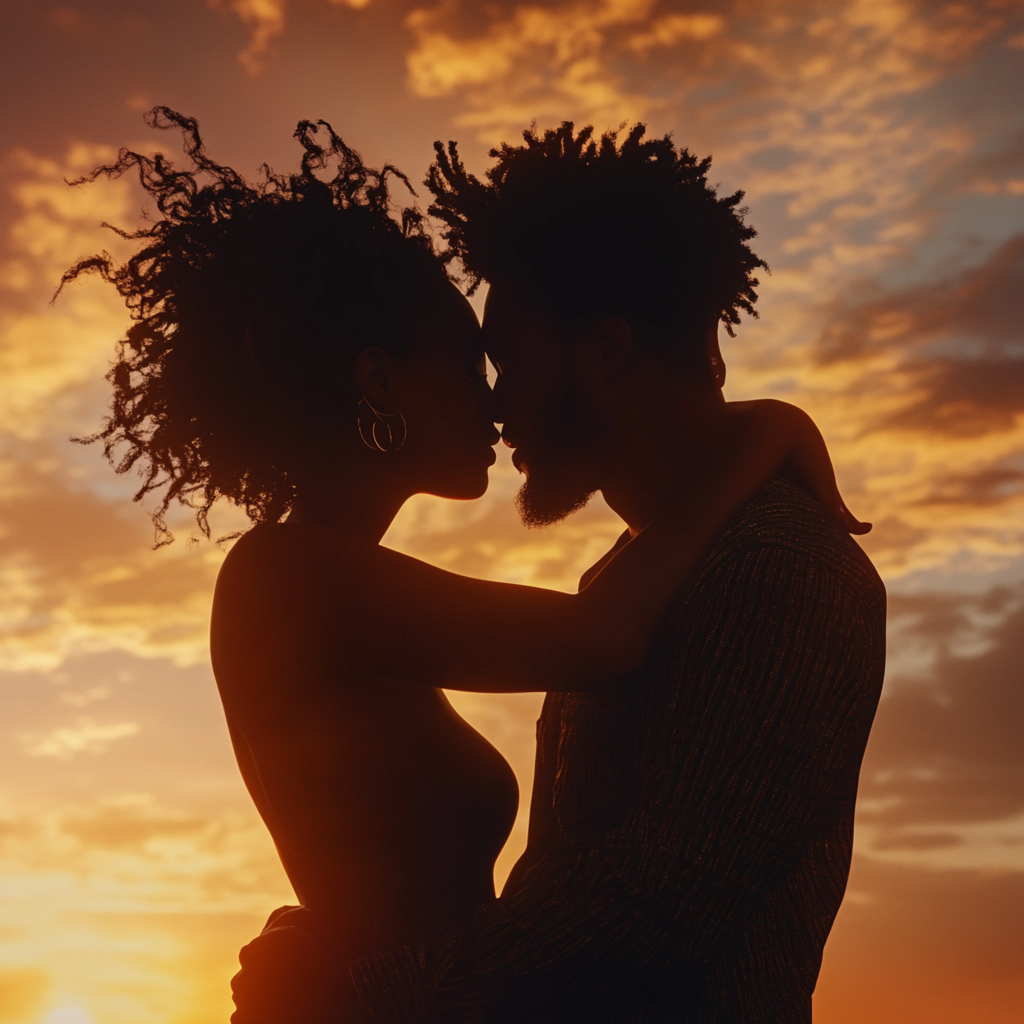 Silhouetted Couple Kissing on Beautiful Sunset Beach.