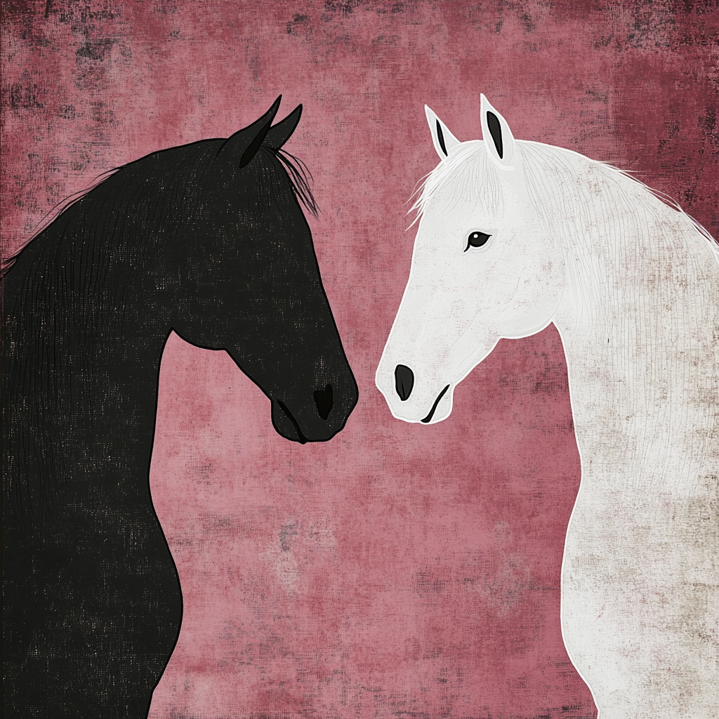 Silhouetted black and white horses on pink background poster.