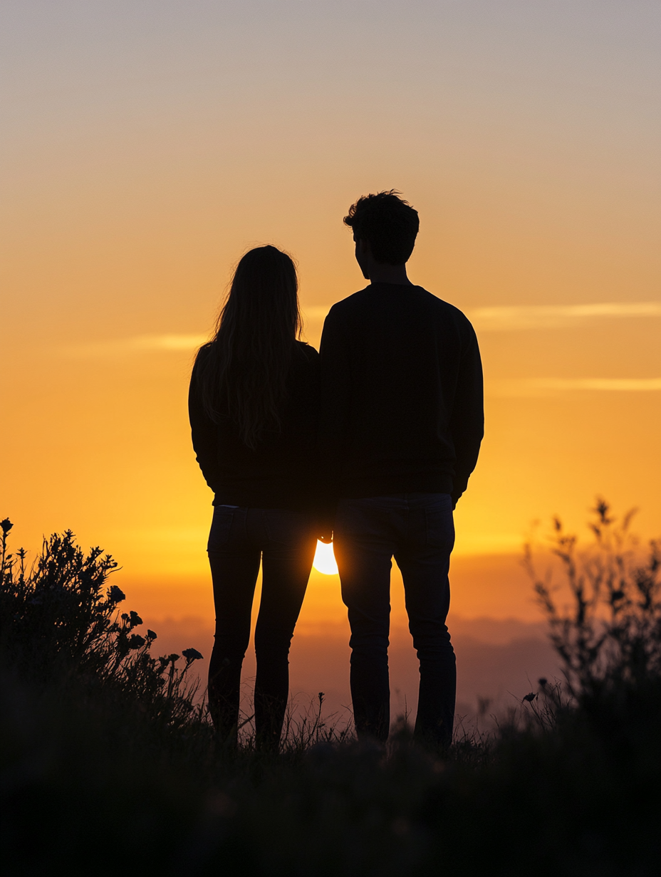 Silhouetted couple at sunset, facing away from camera.