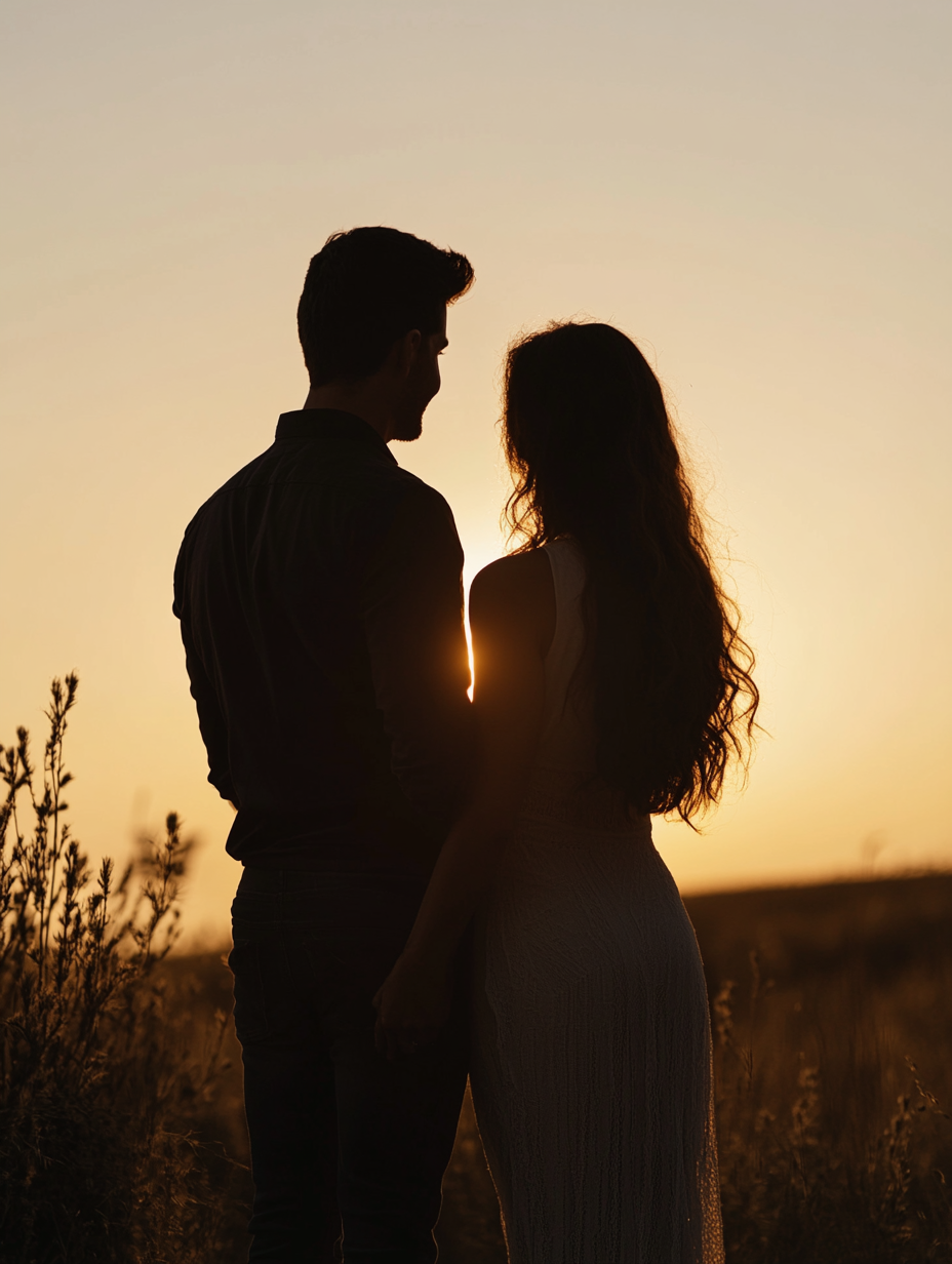 Silhouetted couple facing sunset, realistic portrait shot with Nikon.