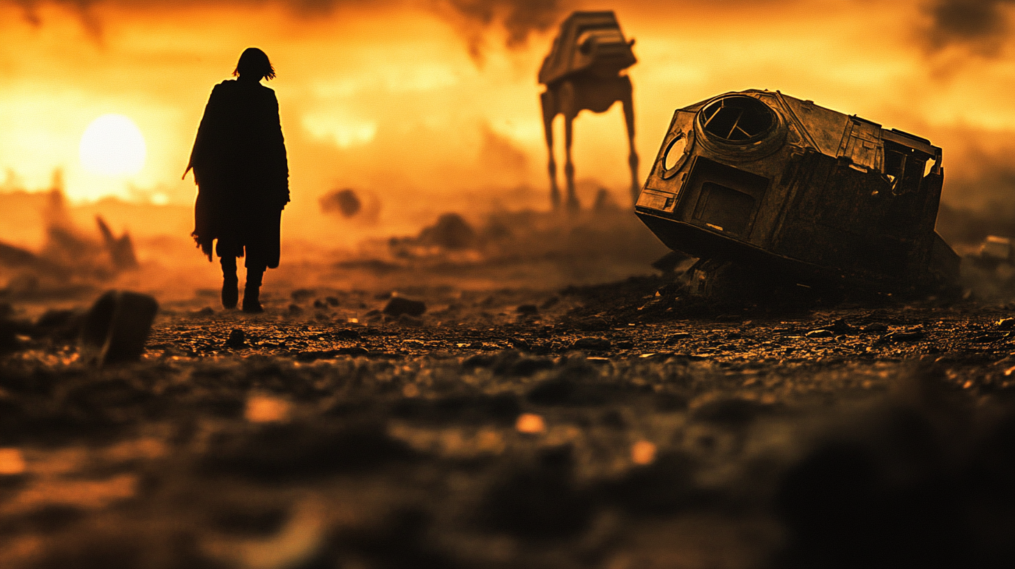 Silhouetted young jedi walks away from blurred droid wreckage.