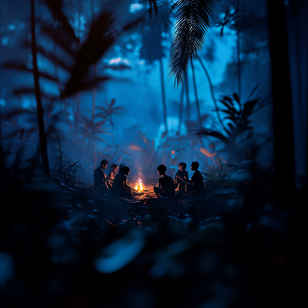 Silhouettes of people around fire in Amazon forest