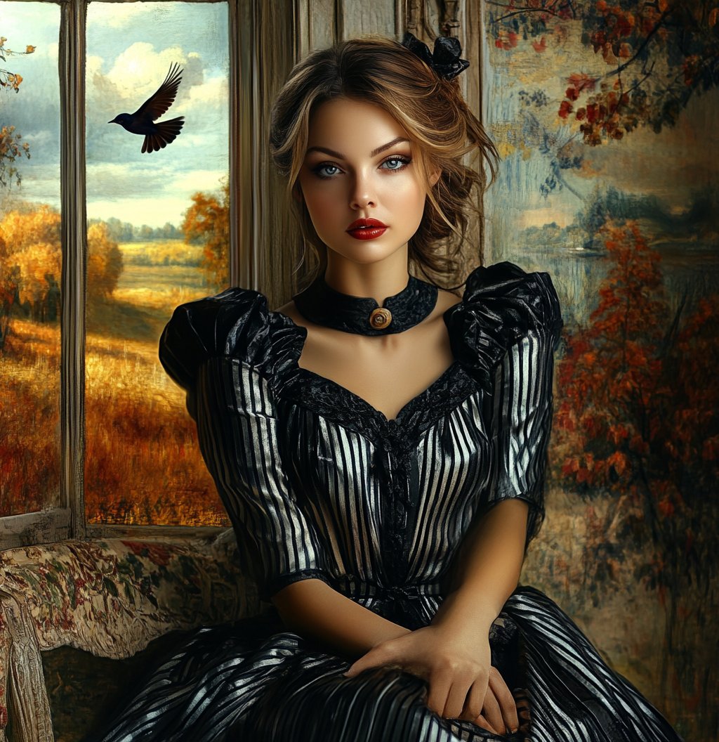 Silk Dress Woman Sitting Chair Bird Window Autumn View