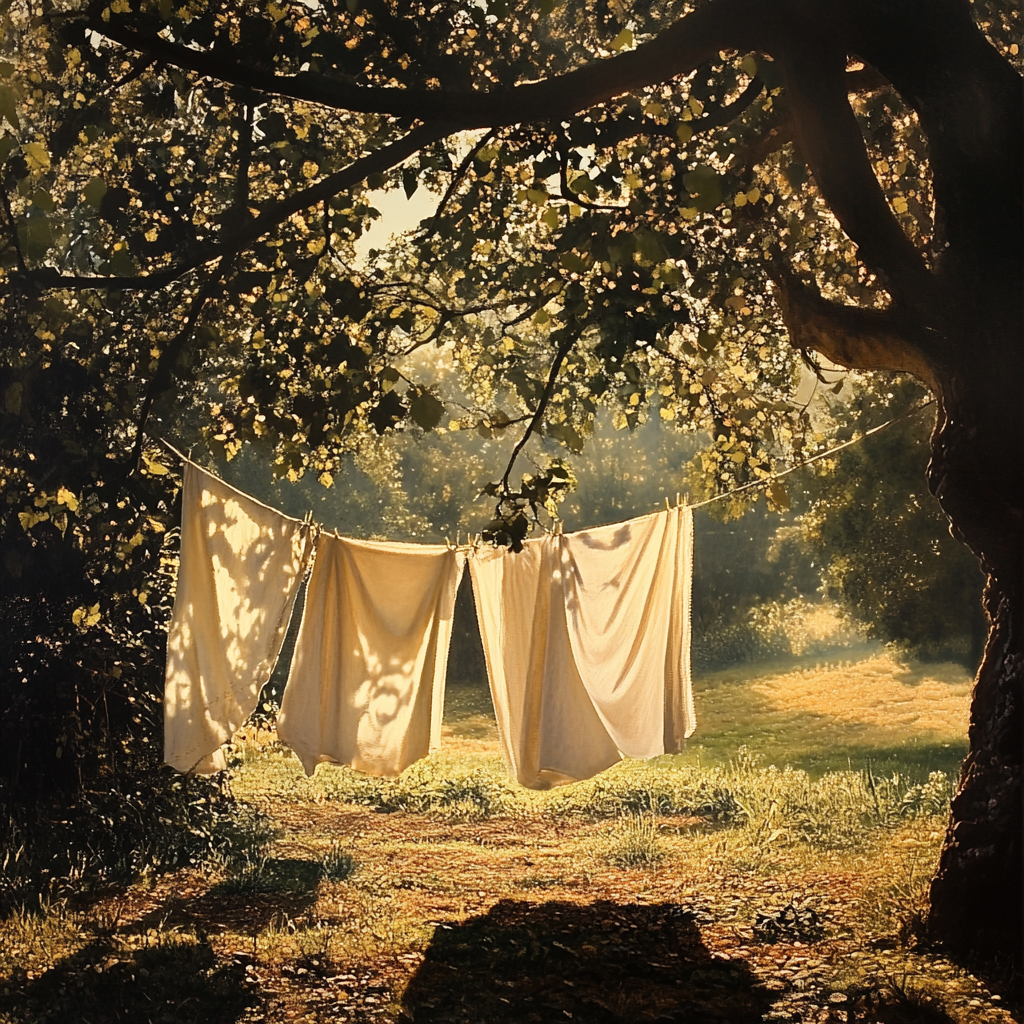 Silk sheets drying on line in sunny meadow