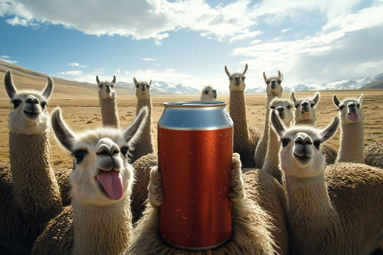 Silly llamas gather around giant beer can.