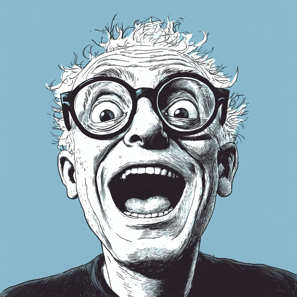 Silly man with glasses, laughing loudly, classic comic style.