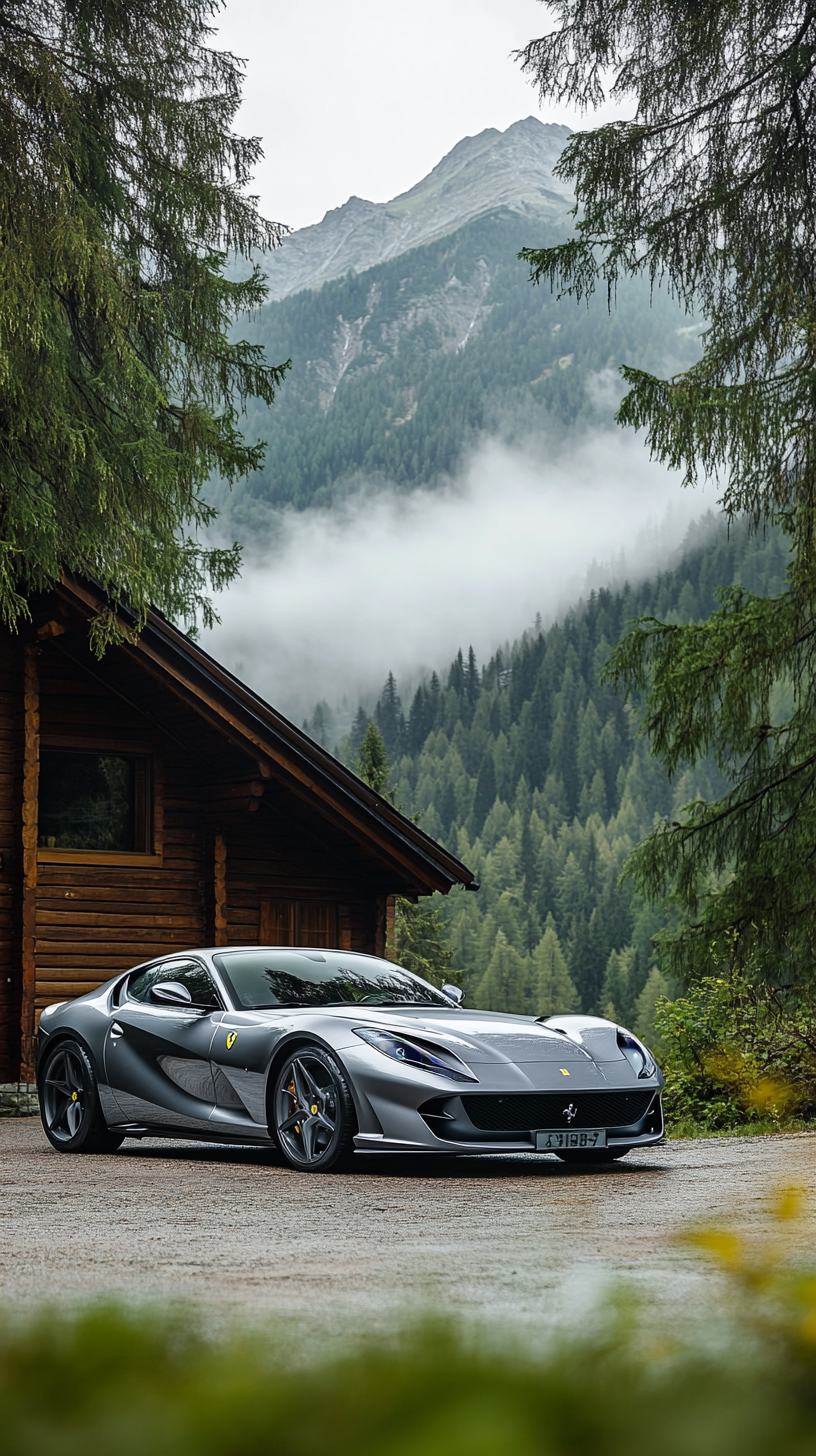 Silver Ferrari 812 Superfast near foggy mountain cabin.