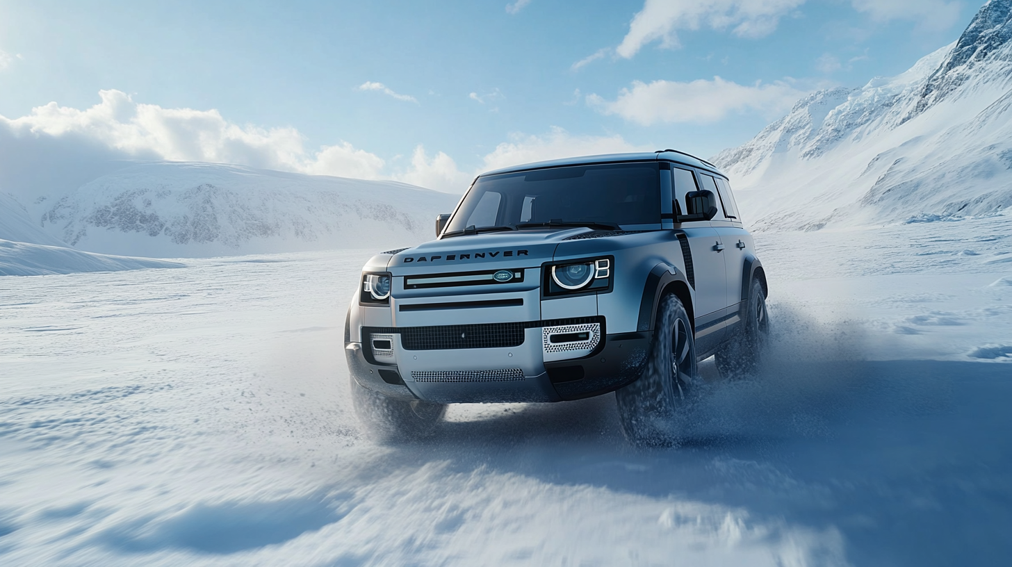 Silver Land Rover Defender on Antarctic icefield, angled shot.