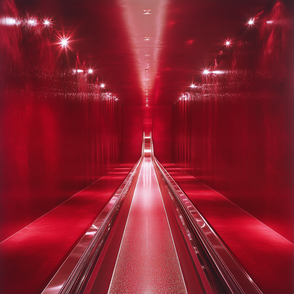 Silver conveyor belt in luxurious red room with spotlights