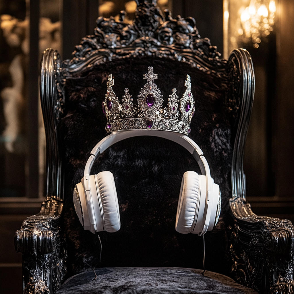 Silver crown with crystals, white headphones on throne.