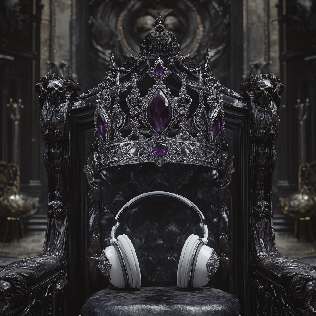 Silver crown with crystals on black and white throne.