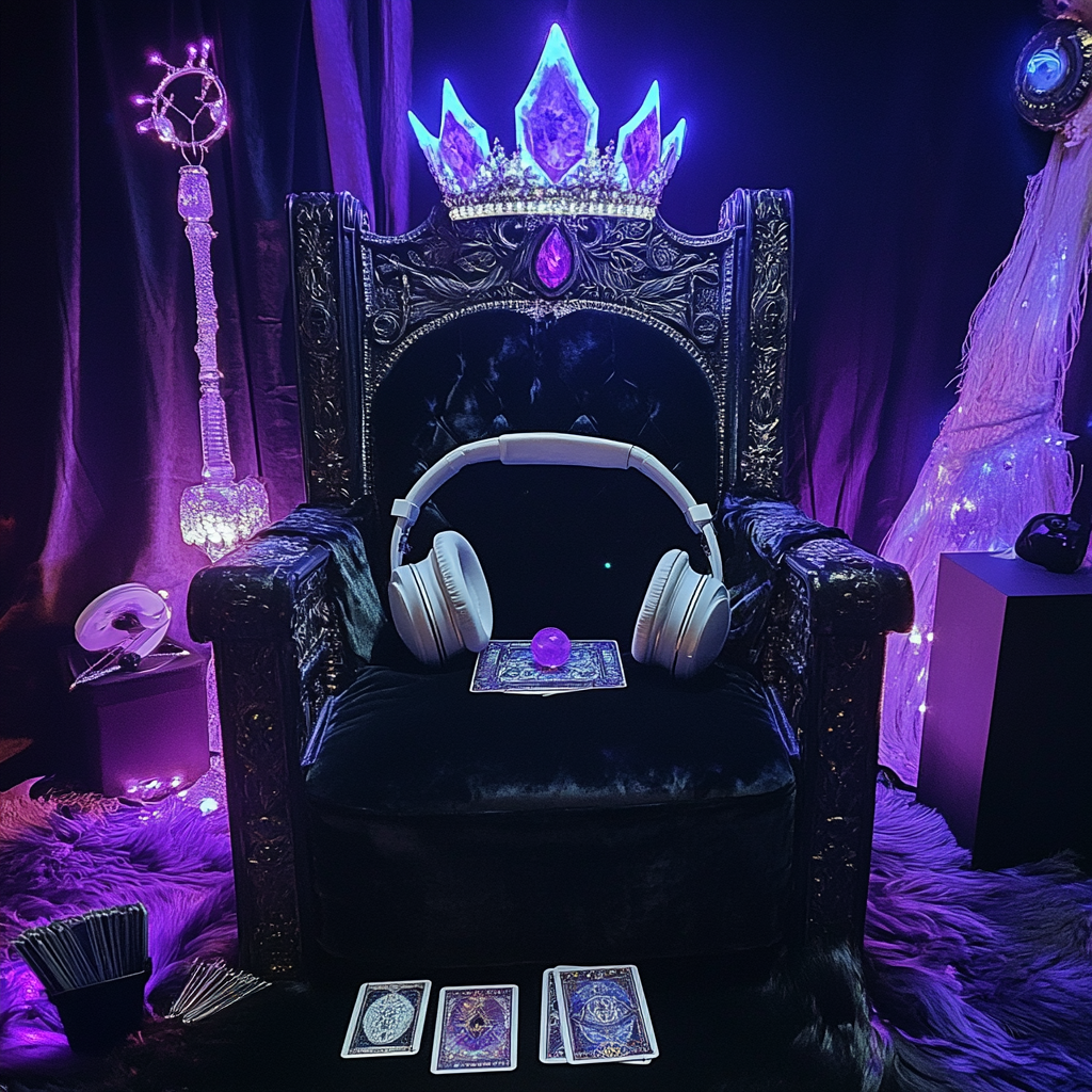 Silver crown with crystals on black throne chair.