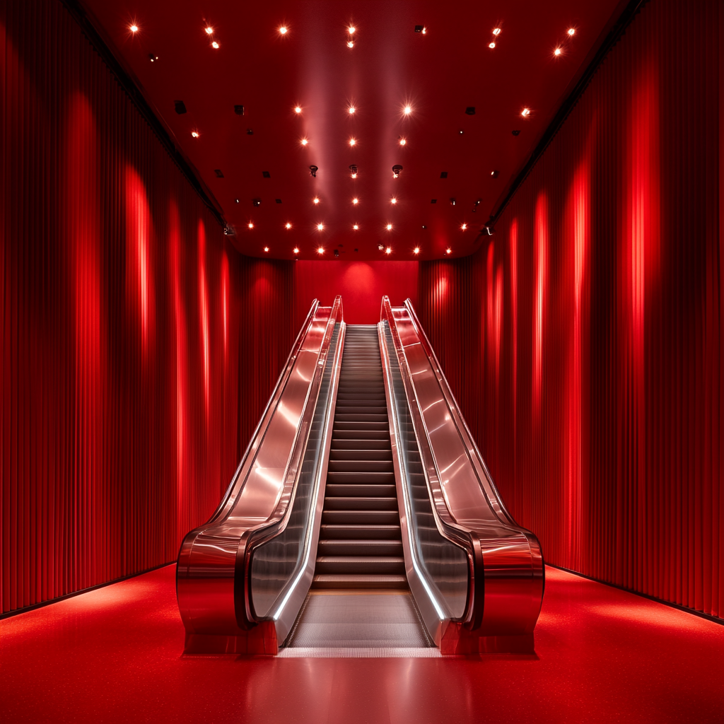 Silver escalator with conveyor belt in luxurious red room