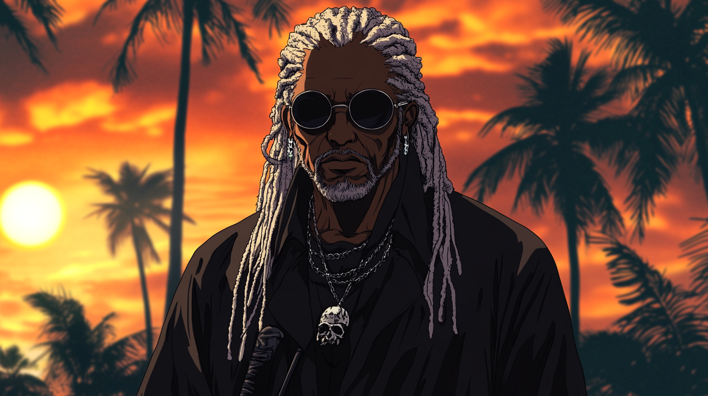 Silver-haired Jamaican hero in anime style, 1980s vibes.