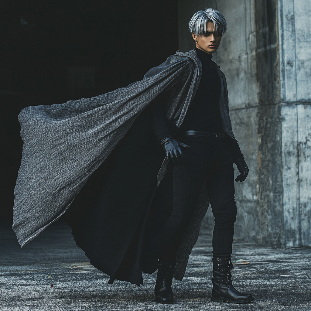 Silver-haired man wearing black ensemble and cape in city.