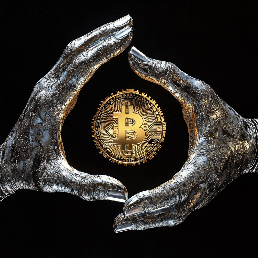 Silver hands hold golden Bitcoin logo, gear symbolizes control.