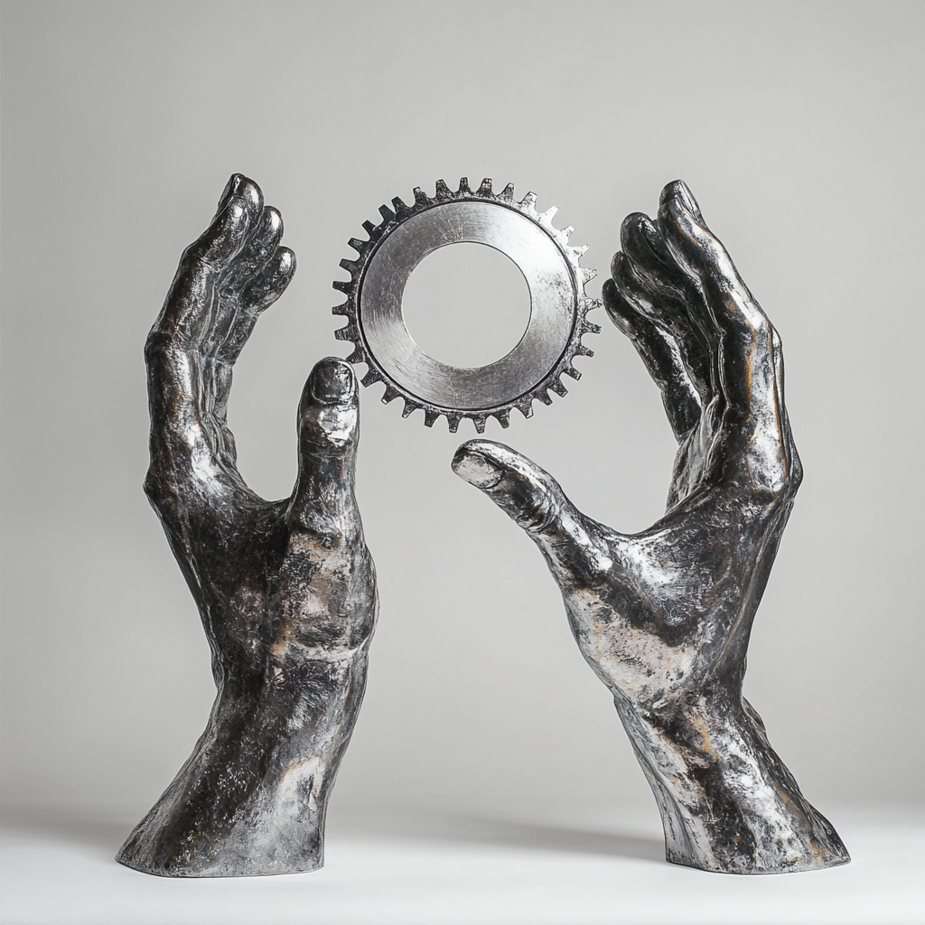 Silver statues with gear symbolize mechanical and artistic feel.